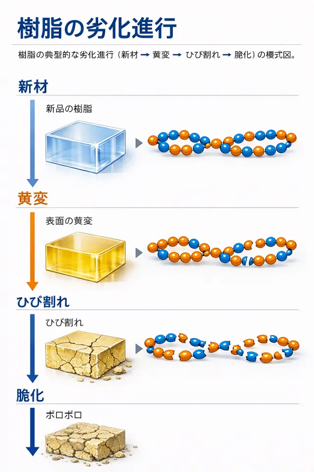 樹脂の劣化進行の段階的解説図