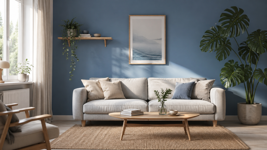壁紙から卒業！内部塗装でお部屋を劇的チェンジ（くすんだブルーの壁紙と観葉植物のあるリビング）